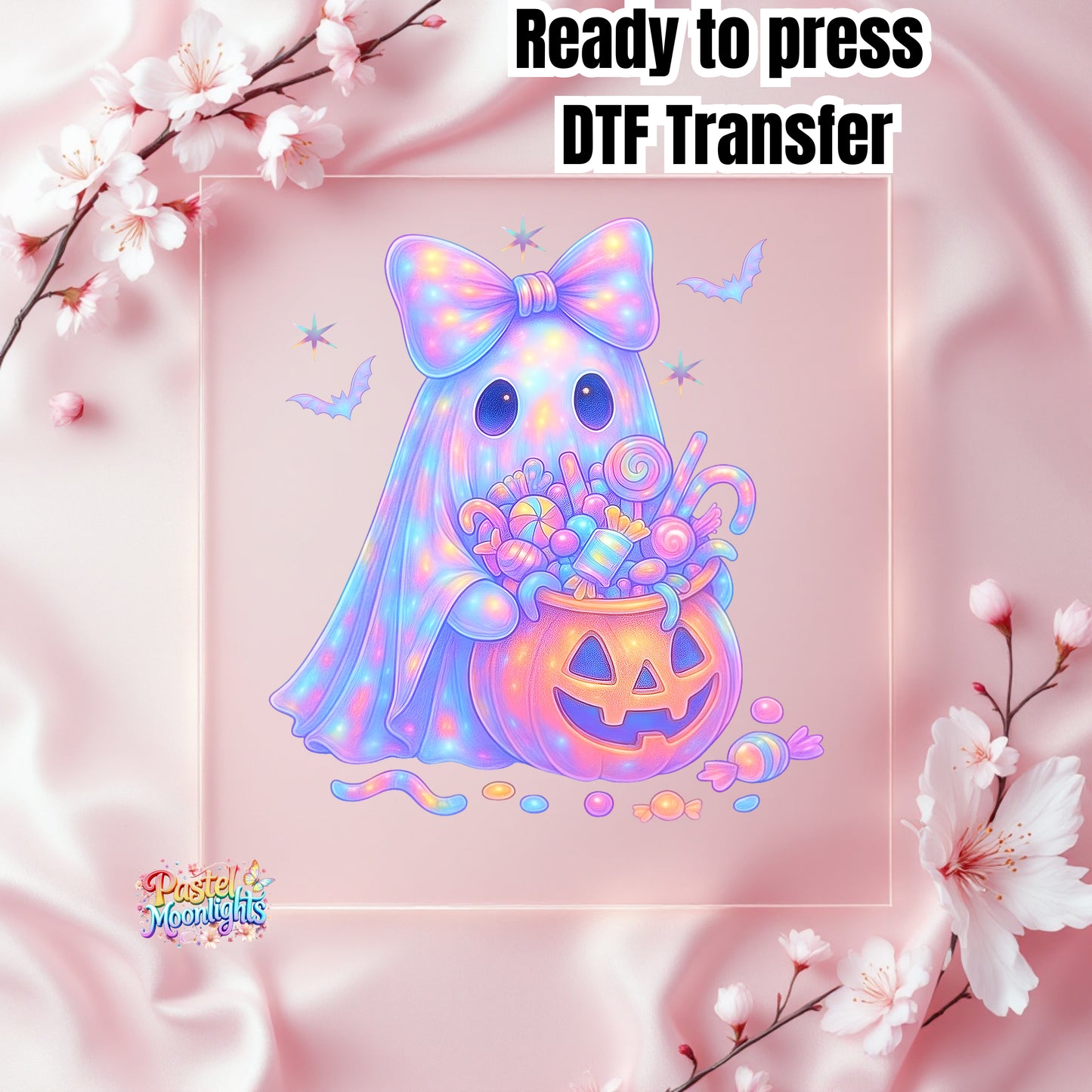 Ghost with pumpkin bucket DTF Print Ready to Press