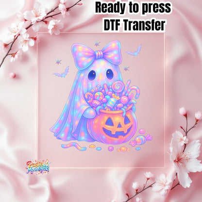 Ghost with pumpkin bucket DTF Print Ready to Press