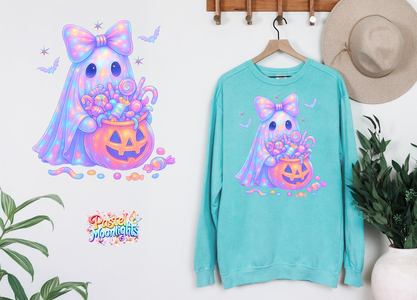 Ghost with pumpkin bucket DTF Print Ready to Press