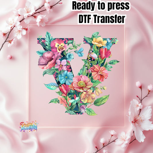 Flower Letter Design V DTF Print Ready to Press